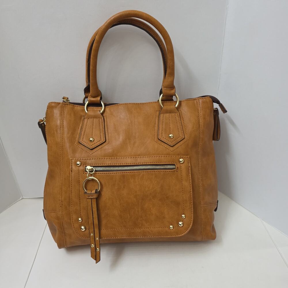 Apt. 9 Tan Faux Leather Satchel Handbag Double Handle Zip Pocket Purse - Picture 2 of 9